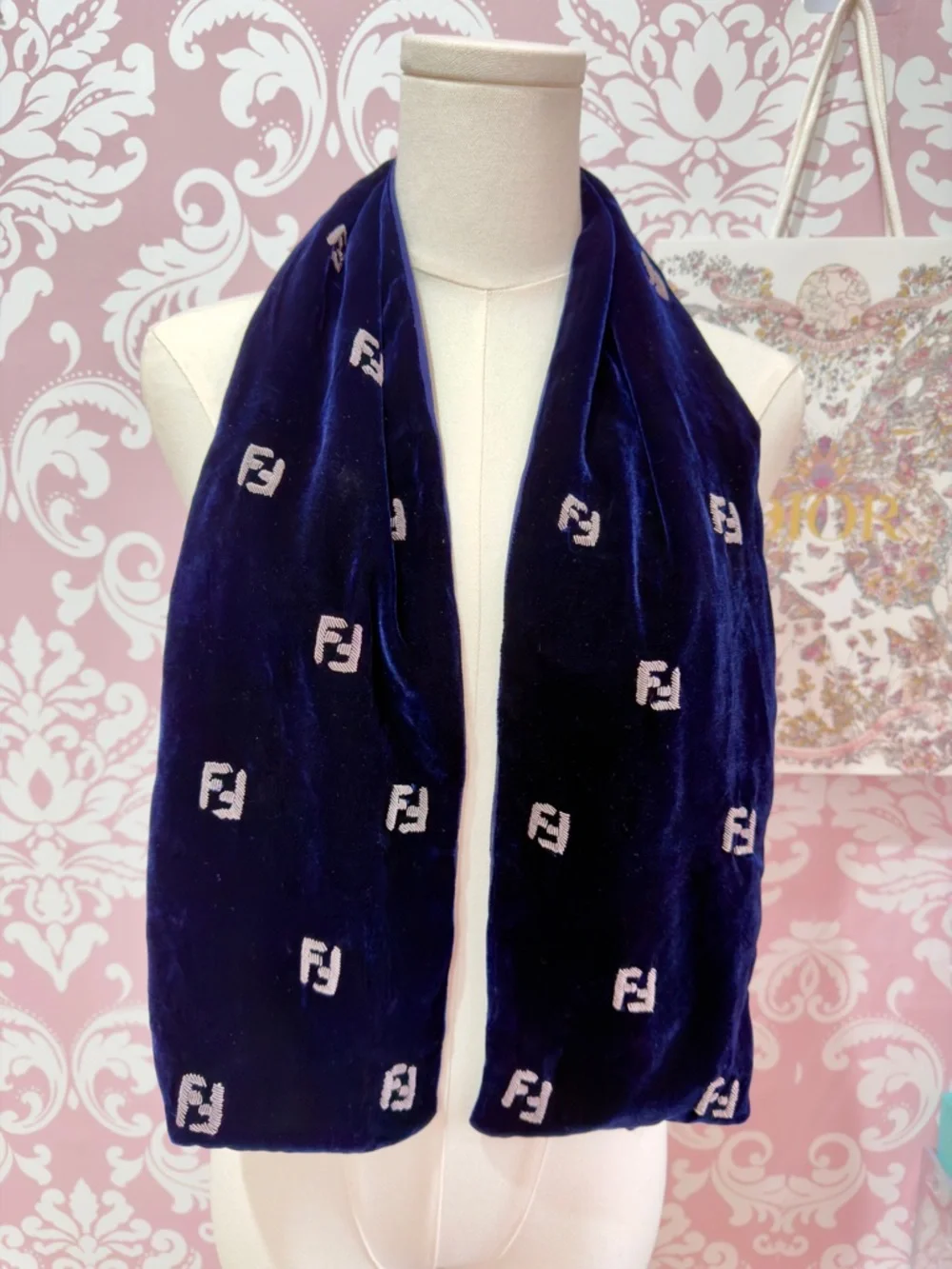 RARE Fendi Scarf Embroidered FF Logo Velvet Silk Navy